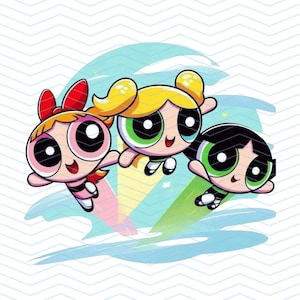 May include: Illustration of three cartoon characters, each with large eyes and unique hairstyles. One has a red bow, another has blonde pigtails, and the third has a black bob. They are flying against a blue and rainbow background.