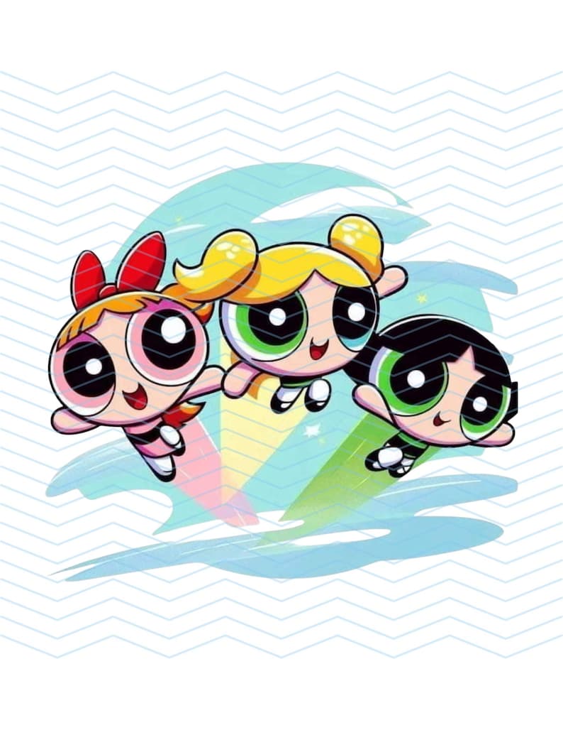 May include: Illustration of three cartoon characters, each with large eyes and unique hairstyles. One has a red bow, another has blonde pigtails, and the third has a black bob. They are flying against a blue and rainbow background.