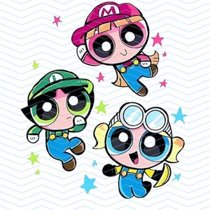 May include: Illustration of three cartoon characters in the style of the Powerpuff Girls, each dressed as a character from the Mario Bros. series. The characters wear blue overalls, and hats in pink, green, and white. Stars are scattered around the characters.