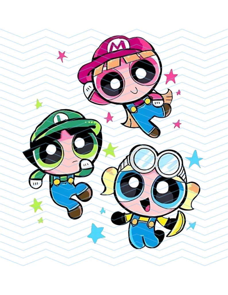 May include: Illustration of three cartoon characters in the style of the Powerpuff Girls, each dressed as a character from the Mario Bros. series. The characters wear blue overalls, and hats in pink, green, and white. Stars are scattered around the characters.