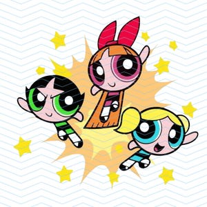 May include: Illustration of the Powerpuff Girls, featuring Blossom in an orange dress with a red bow, Bubbles in a blue dress, and Buttercup in a green dress. The background includes yellow stars and a yellow burst.