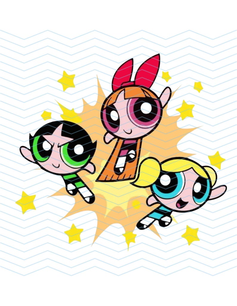 May include: Illustration of the Powerpuff Girls, featuring Blossom in an orange dress with a red bow, Bubbles in a blue dress, and Buttercup in a green dress. The background includes yellow stars and a yellow burst.