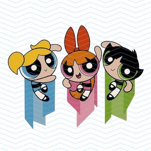 May include: Illustration of the Powerpuff Girls, featuring Blossom, Bubbles, and Buttercup. Each character has a unique hair color: orange, blonde, and black, respectively. They are depicted with large eyes and are positioned above colorful, geometric shapes.