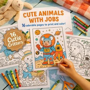 Cute Animals with Jobs Coloring Pages Bundle – 16 Adorable Characters to Color, Instant Download Printable PDF For All Ages