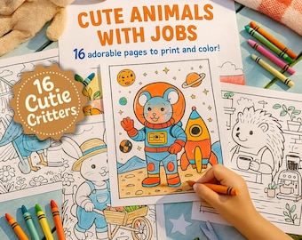 May include: A collection of coloring pages with the text "CUTE ANIMALS WITH JOBS" and "16 adorable pages to print and color!". The pages feature illustrations of animals in various occupations, with crayons and a stuffed bunny nearby.