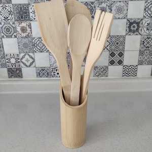 Eco-Friendly Bamboo Kitchen Utensil Set – 5 Piece Wooden Cooking Tools in Bamboo Holder