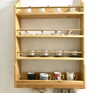 Handmade Natural Pine Mug Shelf | Rustic Cup Rack | Wall Mounted Coffee Bar Decor