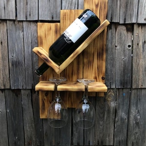 Rustic Wooden Wine Rack | Wall Mounted Wine Bottle and Glass Holder | Burnt Wood Wine Shelf | Handmade Gift for Wine Lovers  | Wall Decor