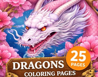 Kolorowanki ze smokami – 25 stron do druku – natychmiastowe pobranie cyfrowe w formacie PDF