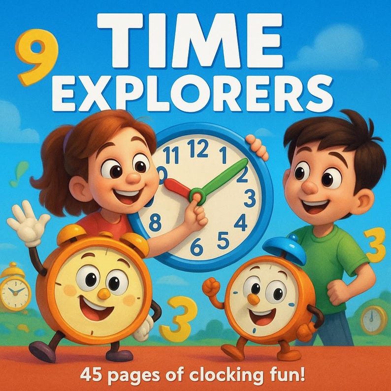 Może przedstawiać: Okładka książki dla dzieci z tytułem "TIME EXPLORERS" i ż&oacute;łtą cyfrą 9. Dwoje dzieci trzyma duży zegar, a dwa budziki z kresk&oacute;wek uśmiechają się. Tekst "45 pages of clocking fun!" znajduje się na dole.