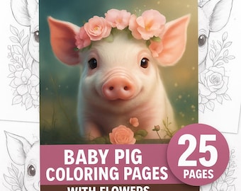 Baby Pig with Flowers Coloring Pages – 25 Cute Farm Animal Illustrations – Printable Kids & Adults Coloring Book PDF