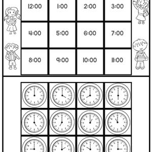 Może przedstawiać: Czarno-biały arkusz zatytułowany "Ordering Time" z zegarami do ułożenia w kolejności od 12:00 do 11:00. Zawiera sekcję na imię i ilustracje dzieci. Dolna sekcja zawiera dziewięć zegar&oacute;w.