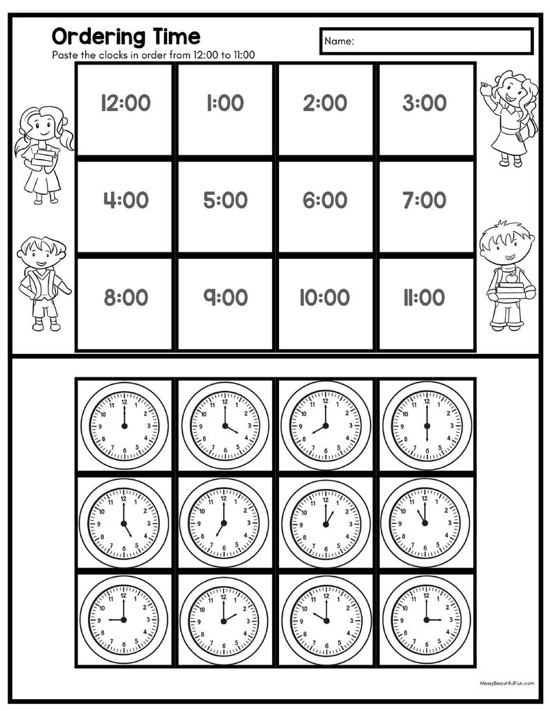 Może przedstawiać: Czarno-biały arkusz zatytułowany "Ordering Time" z zegarami do ułożenia w kolejności od 12:00 do 11:00. Zawiera sekcję na imię i ilustracje dzieci. Dolna sekcja zawiera dziewięć zegar&oacute;w.