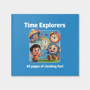 Pode incluir: Capa de livro azul com o título "Time Explorers" em branco. A capa apresenta ilustrações de personagens de desenhos animados com designs temáticos de relógios. O texto "45 páginas de diversão com relógios!" está na parte inferior.