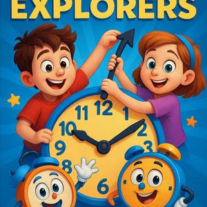 Może przedstawiać: Okładka książki dla dzieci z tytułem "TIME EXPLORERS" w kolorze ż&oacute;łtym. Dwoje dzieci z kresk&oacute;wek wchodzi w interakcję z dużą tarczą zegara. Dwa animowane budziki znajdują się na dole. Tekst "45 PAGES OF CLOCKING FUN!" znajduje się na dole.