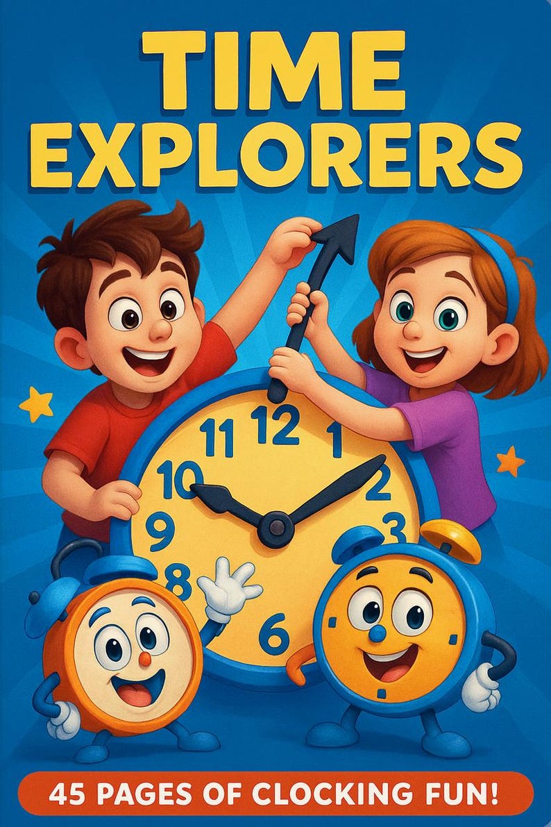 Może przedstawiać: Okładka książki dla dzieci z tytułem "TIME EXPLORERS" w kolorze ż&oacute;łtym. Dwoje dzieci z kresk&oacute;wek wchodzi w interakcję z dużą tarczą zegara. Dwa animowane budziki znajdują się na dole. Tekst "45 PAGES OF CLOCKING FUN!" znajduje się na dole.