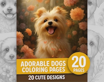 Libro para colorear de cachorros: 20 páginas con adorables cachorros y flores. Descarga digital imprimible para todas las edades.