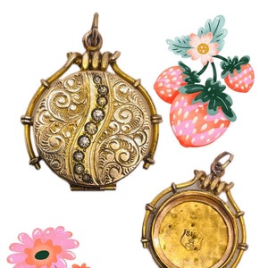 Victorian Antique Gold GF Diamond Paste Rhinestone Swirl Embossed Engraved Photo locket pendant Charm SKM Co. Momento Mori image 1