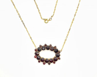 Antique Vintage Bohemian Garnet Ruby Red Gilt Gold Silver Cluster Festoon Lavalier Necklace Rose Cut Victorian Edwardian Conversion Pin