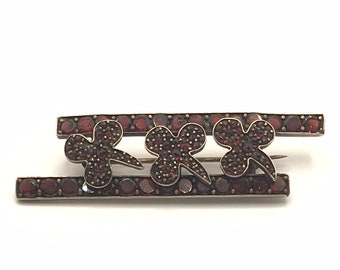 Antique Victorian Shamrock Clover & Moon Flat Cut Bohemian Garnet Brooch Pin  Ruby Red Silver Rose Cut Edwardian