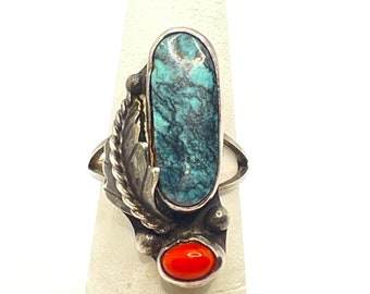 Vintage Navajo Old Pawn Blue Turquoise Nugget, Coral and Sterling Silver Statement Ring Sz 5.75 Mojave Nevada Native American Indian Western