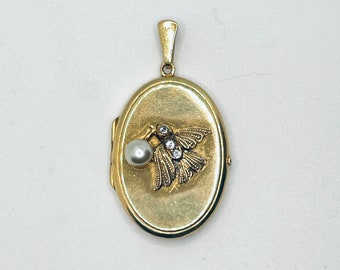 Victorian Antique Vintage Gold Gilt GF & Diamond Paste Bird Swallow Pearl locket pendant necklace Art Deco Mourning