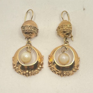 Antique Victorian Edwardian 14k Yellow Gold & Pearl Etruscan Revival Drop Dangle Earrings 10.4 grams