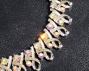 Vintage CORO Ribbon Gold Tone Aurora Borealis AB Peacock Adjustable Choker Necklace Mid Century Modern MCM Maisel Hollywood Regency