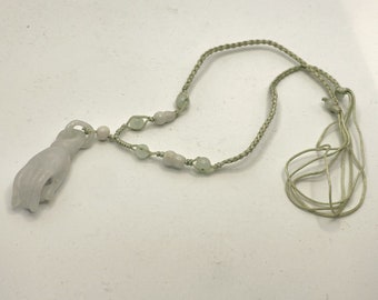 Vintage Apple Green Jade Hand Figa With Ball Interlocking Ring Pendant Necklace