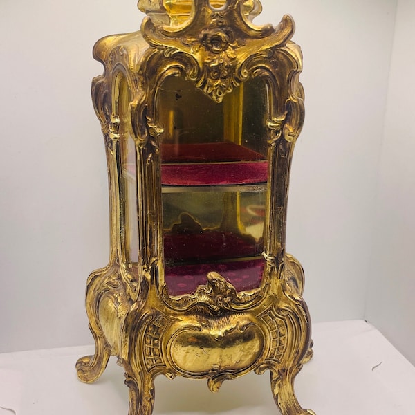 Antique Louis XV Style Ormolu Gold Miniature Vitrine Armoire Jewelry Box Casket Display Presentation