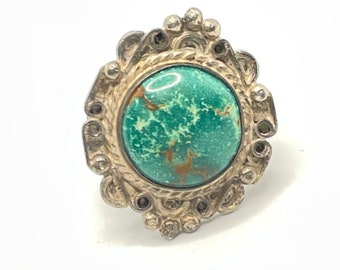 Vintage Navajo Old Pawn Green Turquoise Nugget and Sterling Silver Statement Ring Size 8 Mojave Nevada Native American Indian Western