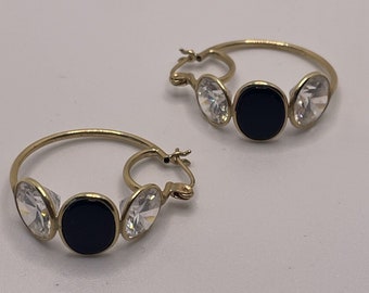 Vintage 1990's 14k yellow gold Hoop Earrings Diamond Rhinestone CZ & Onyx 5.4gr