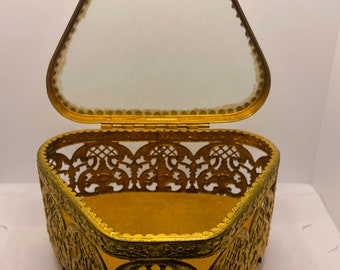 Vintage Ormolu Filigree Gold and Beige Velvet Triangular Triangle Shaped Ornate Jewelry Box Casket Wedding Ring Bearer Holder Presentation
