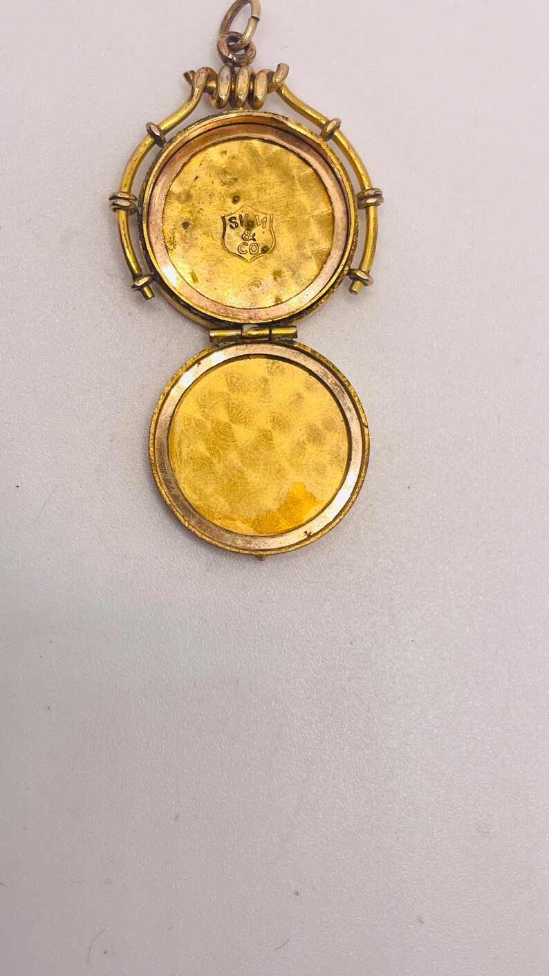 Victorian Antique Gold GF Diamond Paste Rhinestone Swirl Embossed Engraved Photo locket pendant Charm SKM Co. Momento Mori image 3