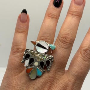 Vintage Navajo Zuni Native Peyote Water Bird in Flight Abalone Pearl Onyx Turquoise Coral Inlay Sterling Silver Statement Ring Sz 5.5