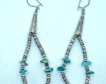 Vintage Navajo Old Pawn Turquoise Nugget, Heishi Shell Bead and Sterling Silver Cone bench bead Earrings Native American Santo Domingo