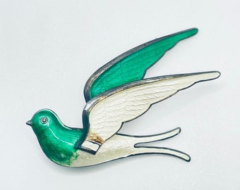 Vintage Large Bernard Meldahl Green & White Enamel Guilloche Sparrow Bird in Flight Pin Brooch 1940s Norway Norwegian
