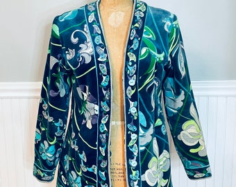 Vintage 1960's Emilio Pucci Velvet Aqua Navy Blue Green Jacket Blazer Coat Colorful Abstract Flowers Floral Size M