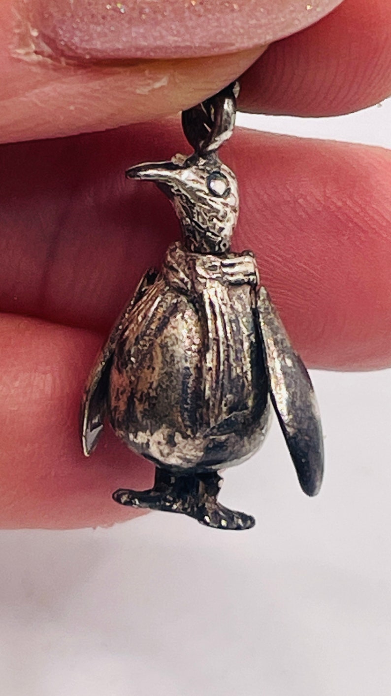 Vintage Sterling Zilver gelede beweegbare bewegende pinguïn duif vogel antropomorfe sjaal hanger charme voor armband ketting afbeelding 3