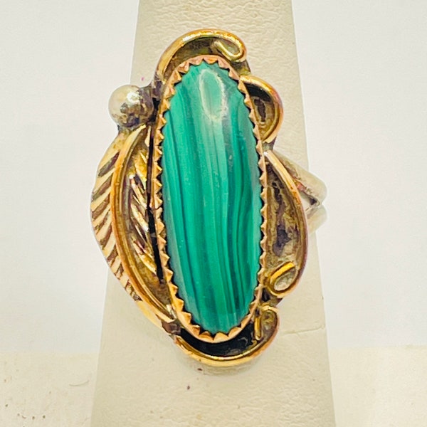 Vintage Signed Herbert Tsosie HT Navajo Malachite Ring Size 7 Green Sterling Silver Gold Vermeil Old Pawn Native American Indian Western