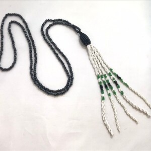 Antique French Whitby Jet Long Flapper Deco Tassel Necklace White Green Seed Bead Twisted Fringe Sautoir Gatsby Wedding Party Showstopper