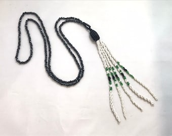 Antique French Whitby Jet Long Flapper Deco Tassel Necklace White Green Seed Bead Twisted Fringe Sautoir Gatsby Wedding Party Showstopper