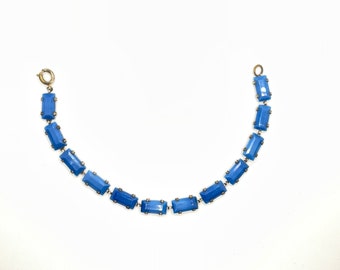 Vintage Art Deco Cobalt Lapis Blue Pate de Verre Peking Glass and Silver Riviere Bracelet