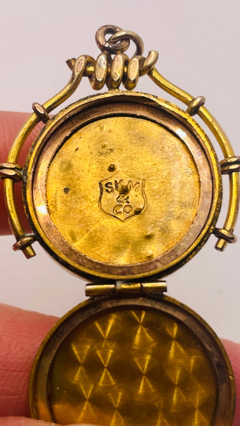 Victorian Antique Gold GF Diamond Paste Rhinestone Swirl Embossed Engraved Photo locket pendant Charm SKM Co. Momento Mori image 4