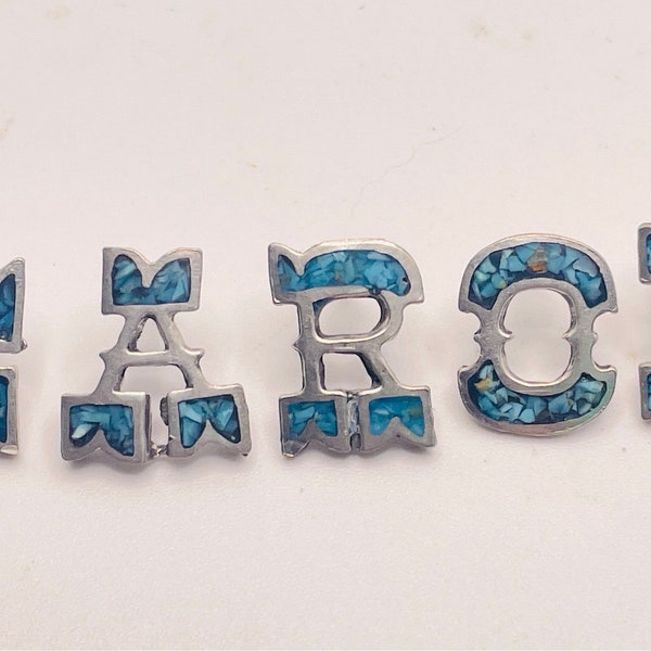 Vintage Turquoise Chip Silver Native Navajo Cowboy Hat Lapel Jacket Pin Brooch Letters C A R O L Initials Carol Carl Cora Carlo Arlo Coral