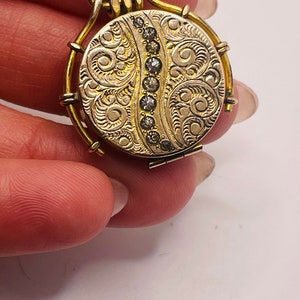 Victorian Antique Gold GF Diamond Paste Rhinestone Swirl Embossed Engraved Photo locket pendant Charm SKM Co. Momento Mori image 6