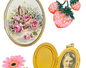 Vintage Gold Victorian Deco Nouveau Pink Rose Flower Basket Hand Painted Enamel Locket Photo Mourning Momento Mori Charm Pendant Chatelaine