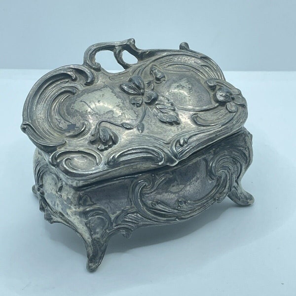 Antique 1900s Art Nouveau Silver Plate Floral Hinged Trinket Jewelry Box w/ Silk Interior