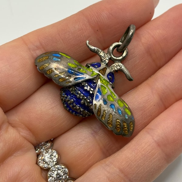 Vintage Italian Sterling Silver Bumble Bee Moth Beatle Bug Insect Colorful lime Green yellow Blue Orange Enamel Charm for Necklace