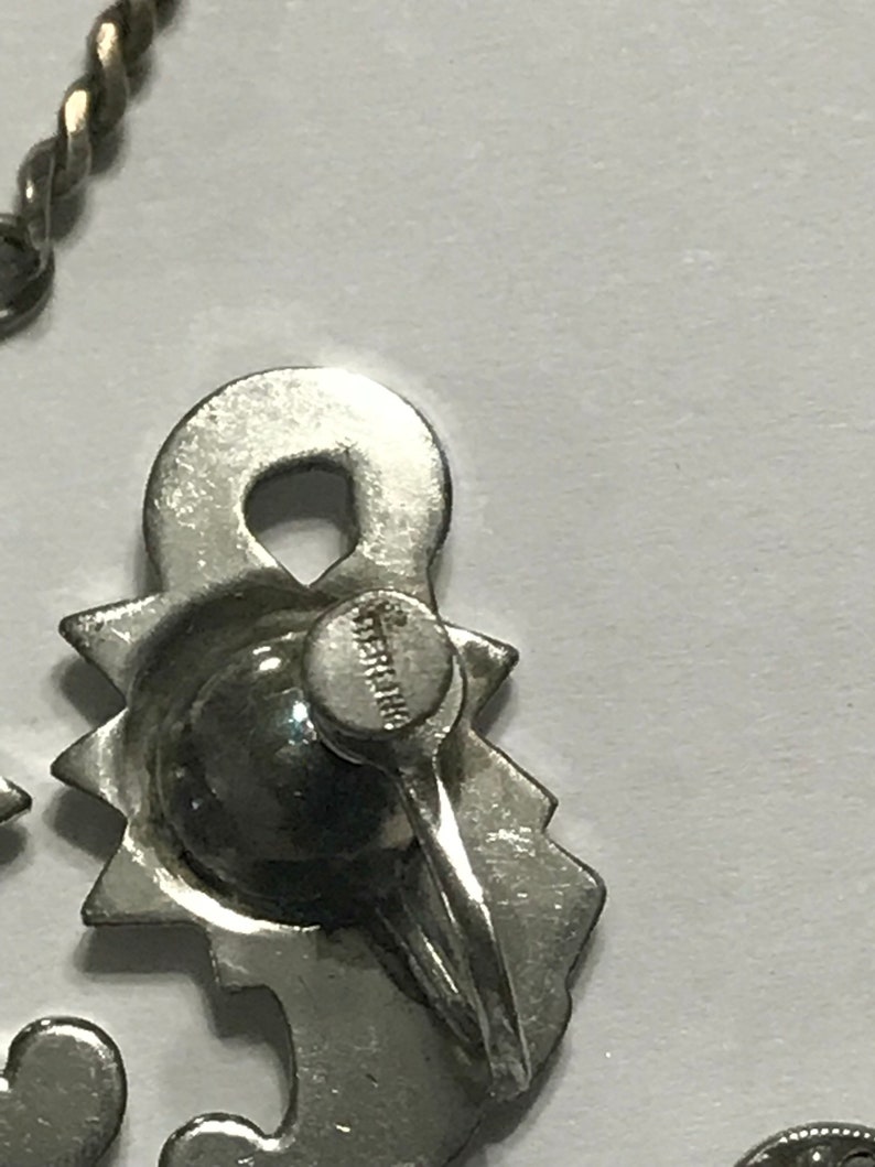 Victorian Iron Pyrite Marcasite Sterling Silver Star Celestial Flower Festoon Necklace Clip on Earrings Parure Set Octagram